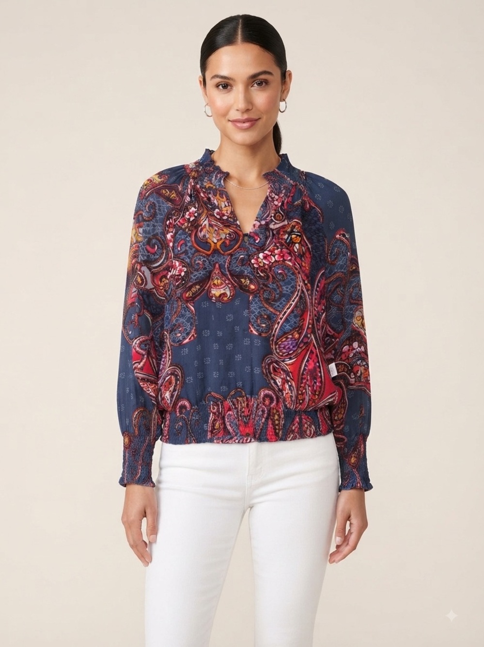 LASCANA Women's Smocked Pattern Blouse Shirt Smocking